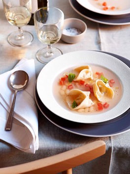White tomato soup with goat's cheese tortellini
