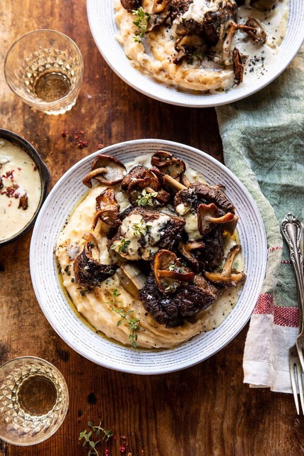 White wine braised short ribs with buttered mushroom cream sauce