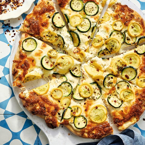White zucchini pizza with garlicky labneh
