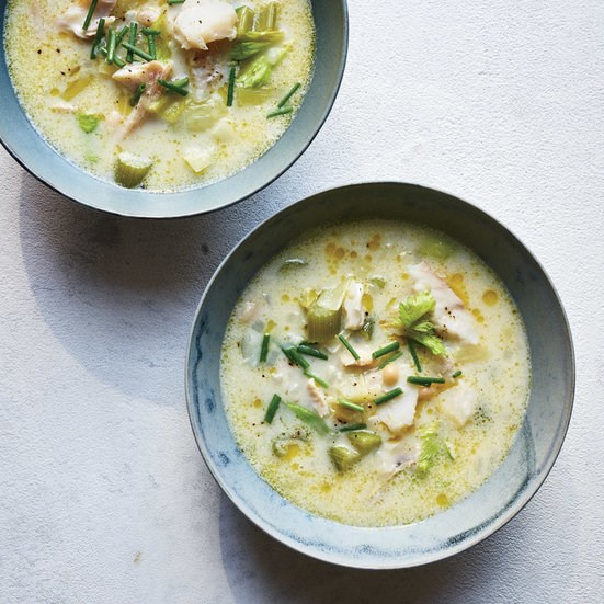 Whitefish, leek, and celery chowder with white beans