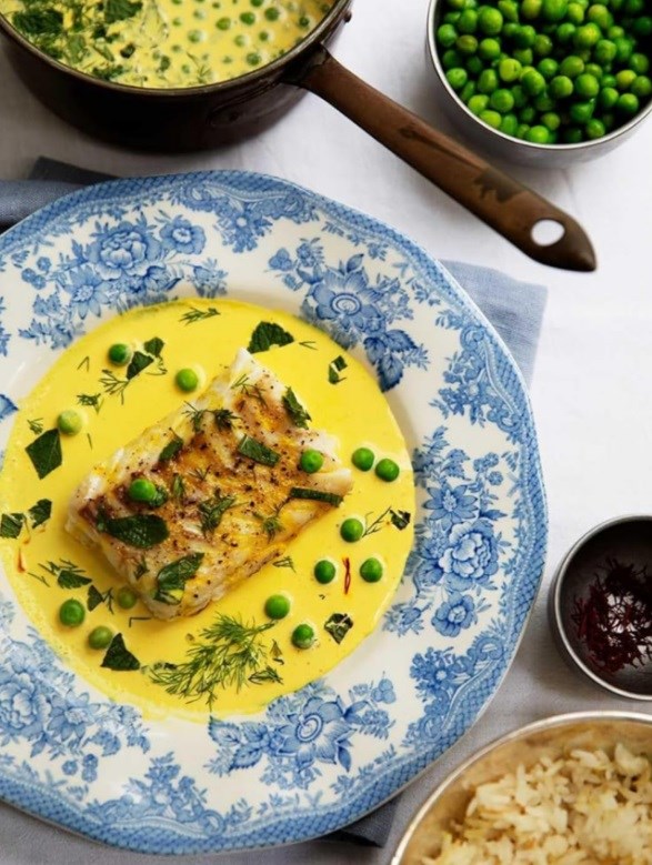 Whitefish with saffron, mint, dill, and peas (Nuno zafaran)