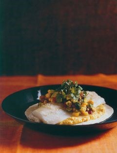 Whiting, avocado, corn and tomatillo salad