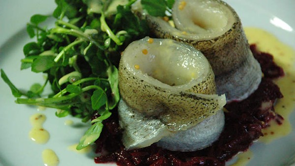 Whiting rollmops with beetroot compote
