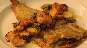 Whole baby flounder with la ratte potatoes and sautéed cod livers