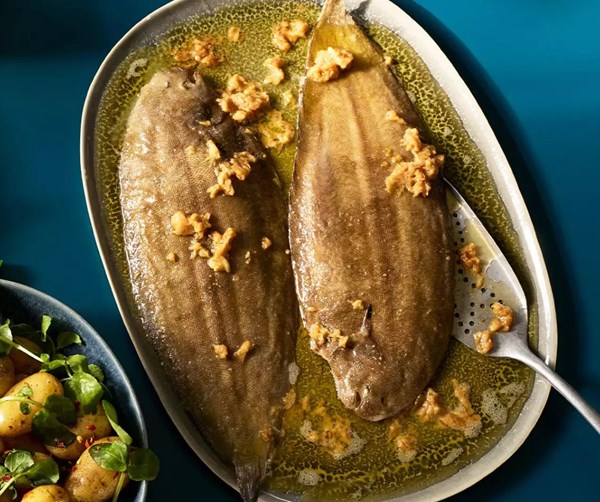 Whole baked Dover sole with garlic brown butter