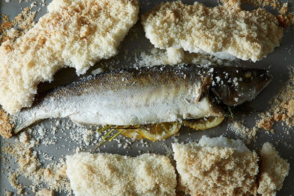 Whole baked fish in sea salt with parsley gremolata