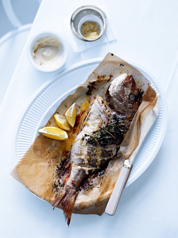 Whole baked fish with lemon salt and aïoli