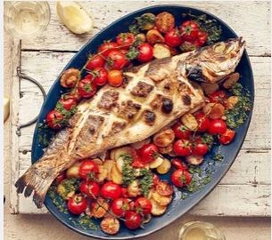 Whole baked fish with watercress & chilli salsa
