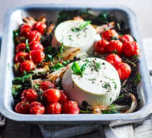 Whole baked ricotta with lentils & roasted cherry tomatoes 