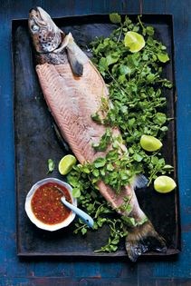 Whole baked salmon with ginger-tamarind dressing