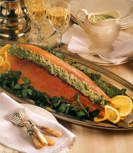 Whole baked salmon with watercress mayonnaise
