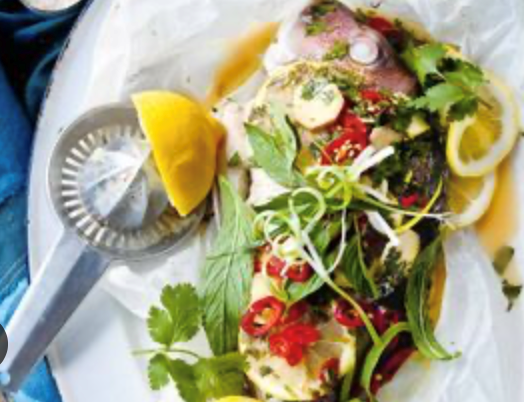Whole baked snapper with ginger and chilli