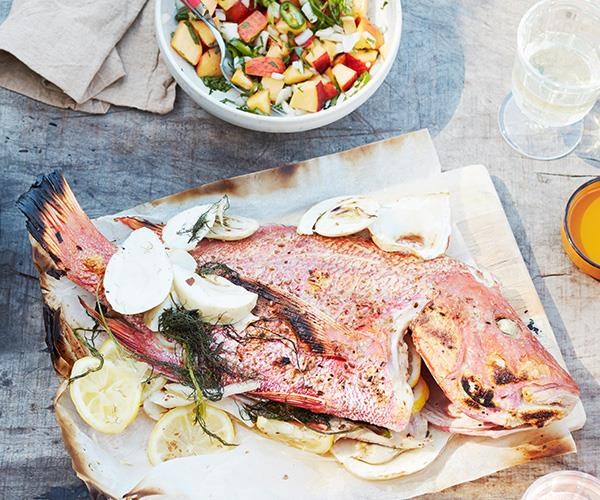 Whole barbecued fish with chilli and peach salsa