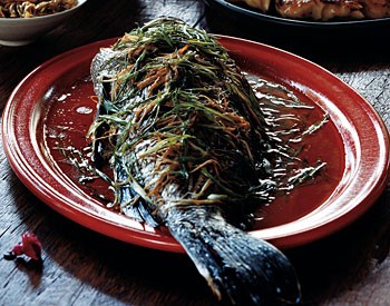 Whole black bass with ginger and scallions