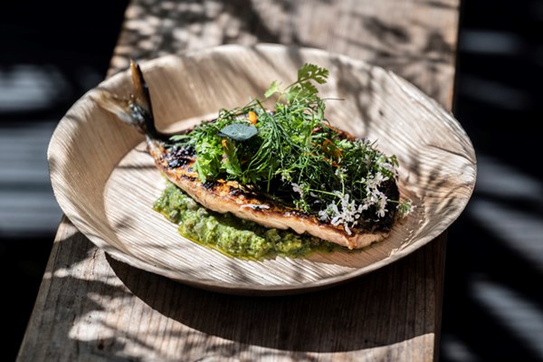 Whole butterflied mackerel with pickled green tomato gribiche and soft herbs