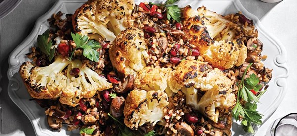 Whole cauliflower with mixed-grain pilaf 