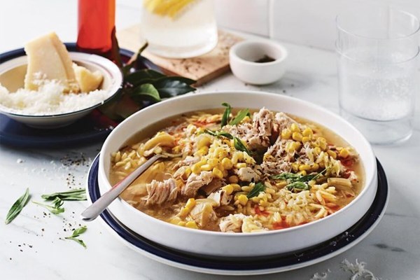 Whole chicken, tarragon, garlic, corn broth sauce