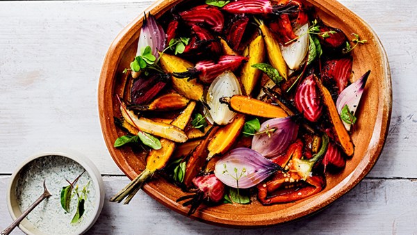 Whole coal-roasted vegetables