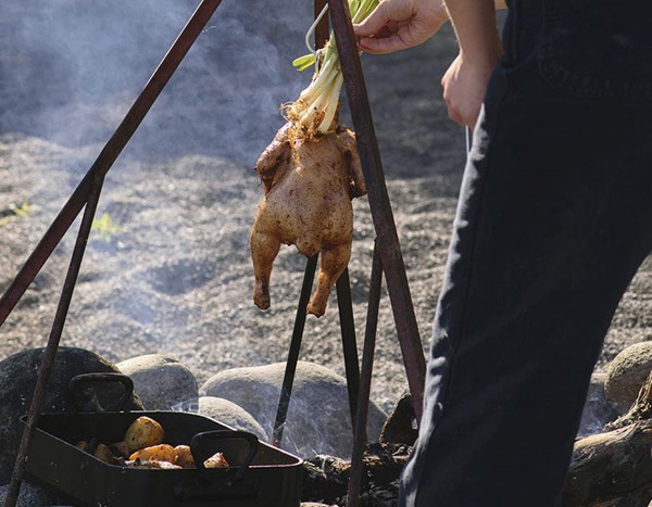 Whole fire-roasted lemony chicken with saffron butter, currants & potatoes