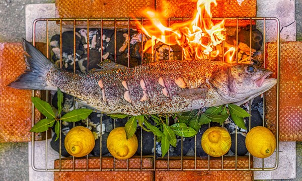 Whole fish barbecued with chilli, fennel and coriander seeds, black pepper and bay
