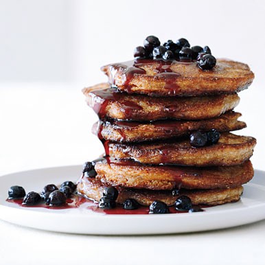 Whole grain pancakes with wild blueberry-maple syrup