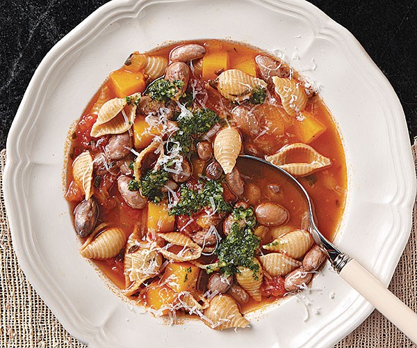 Whole-grain pasta e fagioli with butternut squash and sage pesto