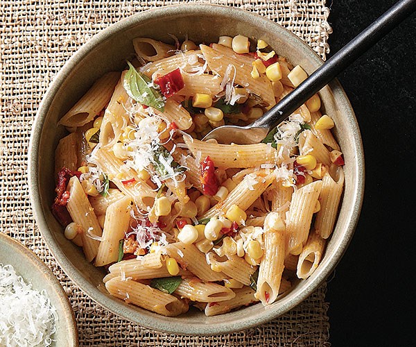 Whole-grain penne with sun-dried tomatoes and corn