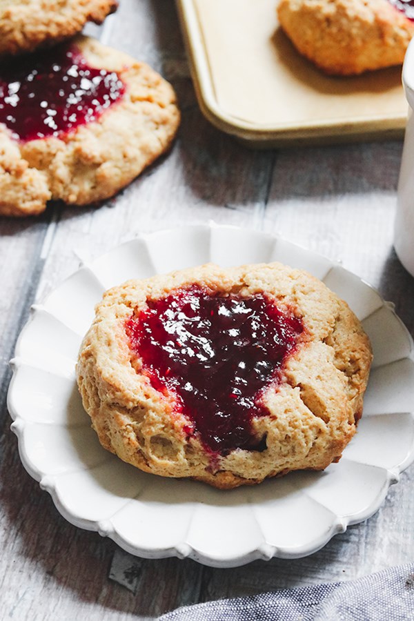Whole grain raspberry jam thumbprint scones