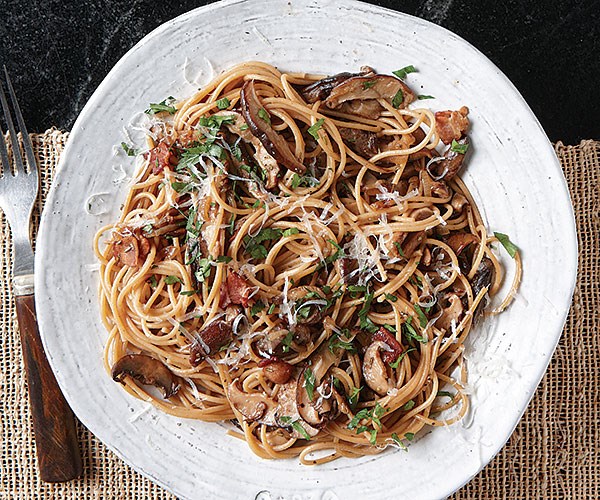 Whole-grain spaghetti with wild mushrooms, bacon, and rosemary