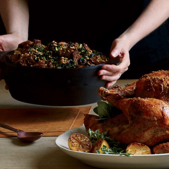 Whole-grain stuffing with mustard greens, mushrooms and Fontina