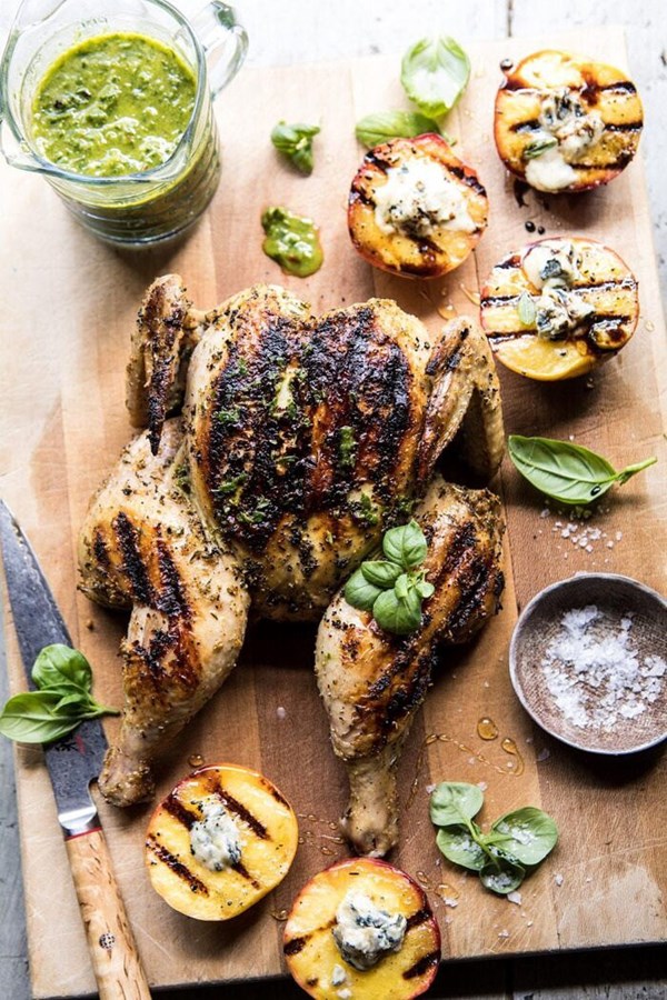 Whole grilled chicken with peaches and basil vinaigrette