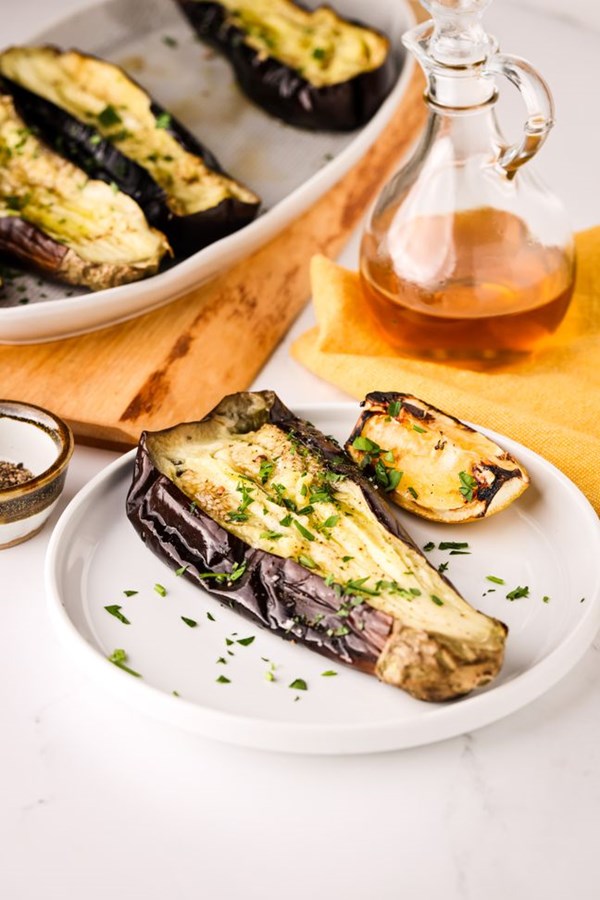 Whole grilled eggplant
