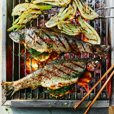 Whole herb-stuffed trout with charred fennel