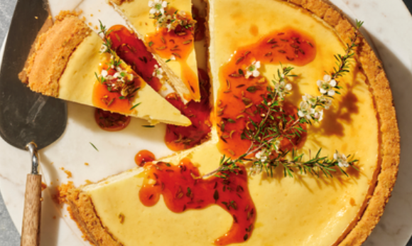Whole-lemon and labne cheesecake with honey and thyme syrup
