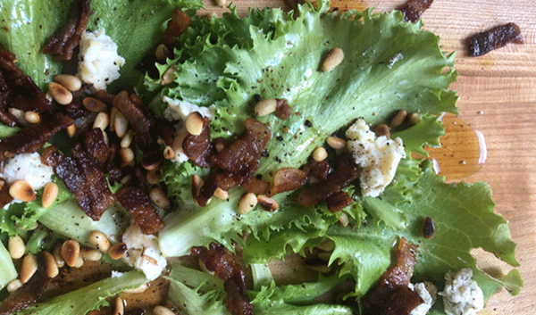 Whole lettuce salad with Gorgonzola dolce & hot bacon vinaigrette
