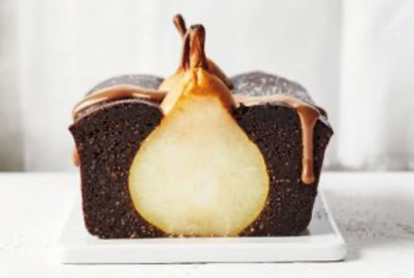 Whole pear and spiced brownie loaf with espresso mousse
