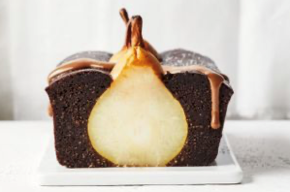 Whole pear and spiced brownie loaf with espresso mousse