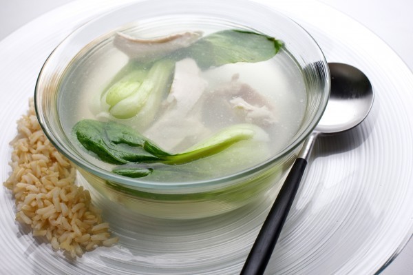 Whole poached chicken with lemon grass and bok choy
