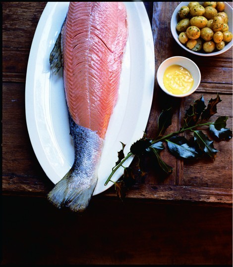 Whole poached salmon in a court bouillon with cheaty Hollandaise