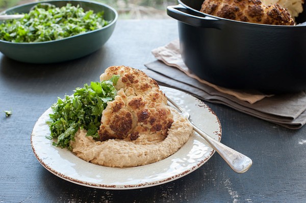 Whole roast cauliflower with almond tabbouleh