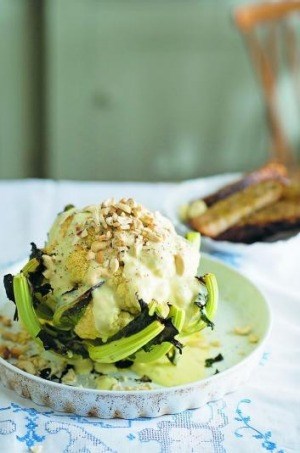 Whole roast cauliflower with Gorgonzola sauce & garlic dippers