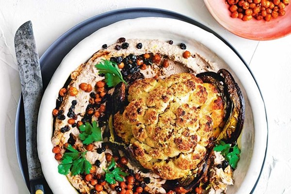 Whole roast cauliflower with tarator and chickpeas