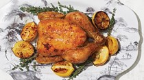 Whole roast chicken with honey and lemon glaze
