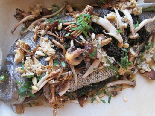 Whole roast fish for 2 with mushroom pesto and roasted wild mushrooms