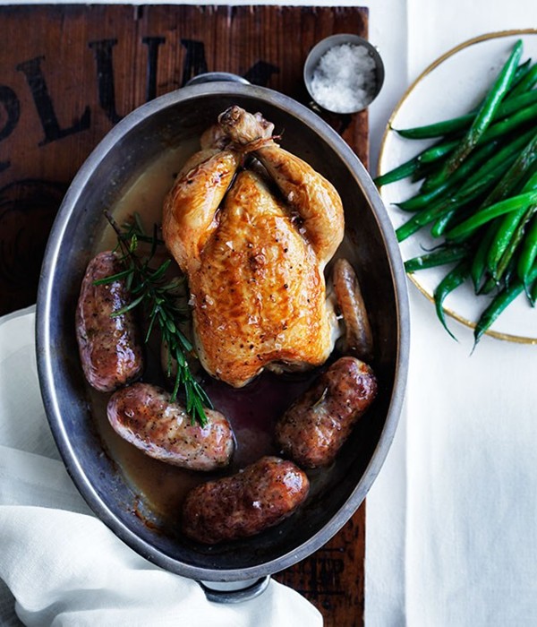 Whole roast spatchcock with chipolatas