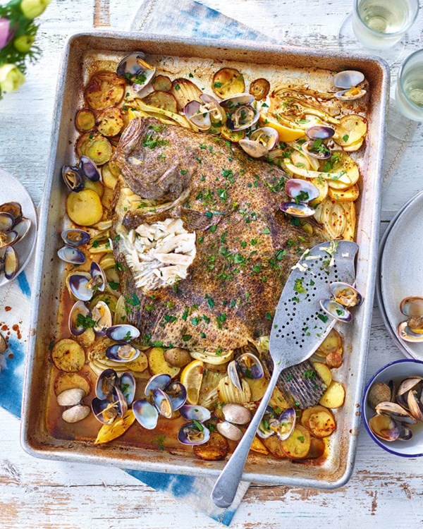 Whole roast turbot with clams, fennel & potatoes