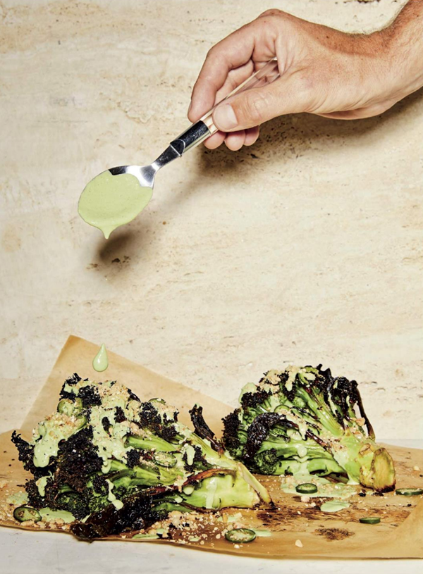 Whole-roasted broccoli with herbed yogurt, dukkah and chile