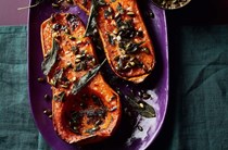 Whole roasted butternut squash with sage & pumpkin seeds in brown butter 