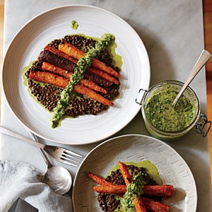 Whole roasted carrots with black lentils and green harissa