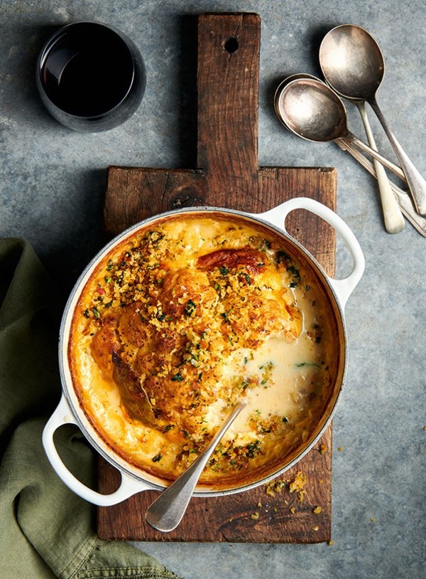Whole roasted cauliflower and potato soup with crisp garlic and parsley crumbs